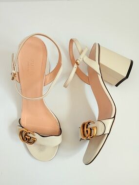 Gucci Marmont GG Block Heel Sandals Ivory White Leather Ankle Strap Heels EU 39